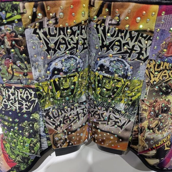 Women's Multi Rhinestone Fabric Chunky Heel Sturdy Sole Calf Western Boots - Picture 7 of 9